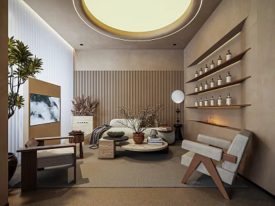 Modern Beauty Salon Interior With Comfortable Sofa Product Shelves And Green Plants 3d model