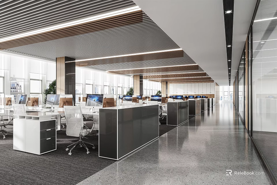 Modern Public Office Space Interior With Workstations Computers Ergonomic Chairs Spacious Layout And Ceiling Lighting 3d model