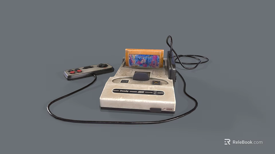 Vintage Retro Gaming Console With Game Cartridge Controller And Wired Cables 3d model