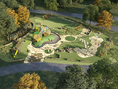 Nature Inspired Playground Featuring Green Grass Tall Trees Slides Climbing Structures And Paths 3d model