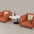 Brown Leather Single Sofa Interior With Two Armchairs Small Round Table And Gray Wall 3d model
