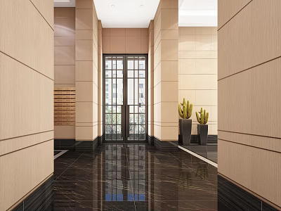 Modern Elevator Hallway With Wooden Walls Marble Floor Glass Doors And Potted Plants 3d model