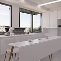 Modern Open Concept Kitchen Interior With White Cabinets Island Counter And Large Windows
