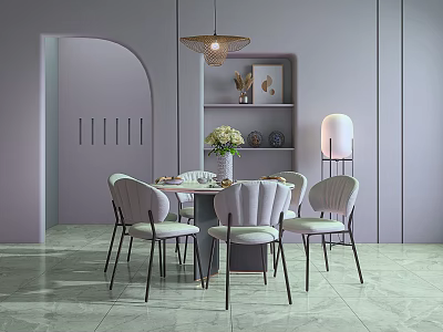 Marble Round Table White Fabric Dining Chair Combination 3d model