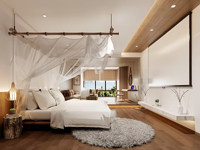 Warm Homestay Guest Room With White Canopy Bed Wooden Flooring Plush Rug And Large TV 3d model