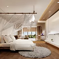Warm Homestay Guest Room With White Canopy Bed Wooden Flooring Plush Rug And Large TV