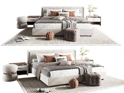 Cozy Modern Double Bed Interior With Plush Pillows Wooden Nightstand Soft Rug And Decorative Stools 3d model