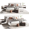 Cozy Modern Double Bed Interior With Plush Pillows Wooden Nightstand Soft Rug And Decorative Stools