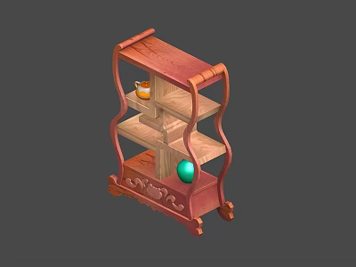 Wooden Carved Decorative Display Shelf With Green Spherical Ornament And Small Jar 3d model