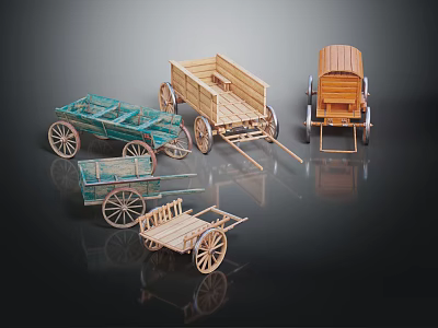 Vintage Wooden Vehicle Models With Green And Natural Wood Carts Carriages And Handcarts 3d model