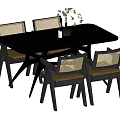 Black Rectangular Dining Table Set Featuring Woven Backrest Chairs and Decorative Vase 3d model