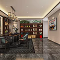 Elegant Chinese Tea Specialty Store Interior With Wooden Shelves Display Cabinets And Decorative Paintings