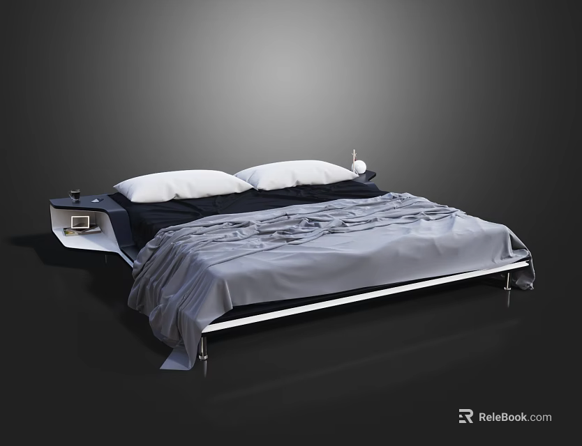 Modern Double Bed with Metal Frame Gray Dark Blue Bedding and White Pillows 3d model