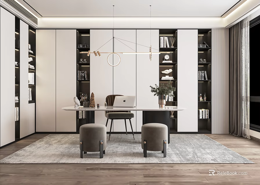 Modern Study Room Interior With Desk Chair Bookshelves Pendant Lighting And Area Rug 3d model 