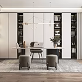 Modern Study Room Interior With Desk Chair Bookshelves Pendant Lighting And Area Rug
