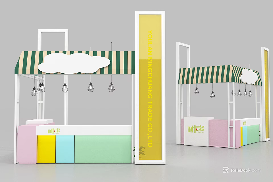 Functional Vehicle Featuring Green White Striped Awning Cloud Decoration Hanging Bulbs And Colorful Counter 3d model 