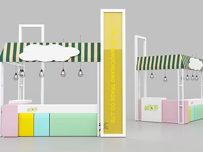 Functional Vehicle Featuring Green White Striped Awning Cloud Decoration Hanging Bulbs And Colorful Counter 3d model