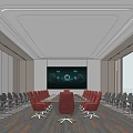 Modern Conference Room With Long Table Brown Chairs Black Seats Large Screen And Ceiling Lighting