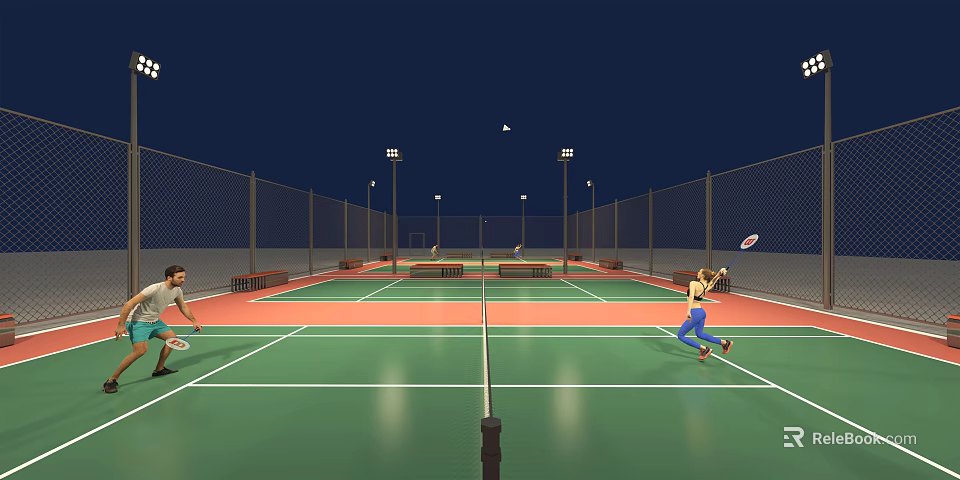 Two Tennis Players Playing On Nighttime Court With Green Red Surface And Lights 3d model 