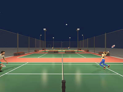 Two Tennis Players Playing On Nighttime Court With Green Red Surface And Lights 3d model