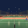 Two Tennis Players Playing On Nighttime Court With Green Red Surface And Lights