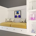 Modern Yellow Two-Seater Sofa With Decorative Pillows Wall Art Potted Plants And Glass Decor