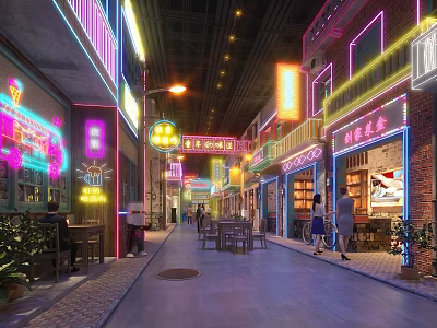 Vibrant Commercial Street With Neon Signs Storefronts Pedestrians Outdoor Seating And Lively Atmosphere 3d model