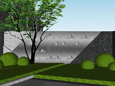 Modern Garden Landscape With Green Lawn Trimmed Shrub Balls And Geometric Pattern Wall 3d model