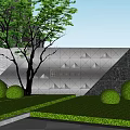 Modern Garden Landscape With Green Lawn Trimmed Shrub Balls And Geometric Pattern Wall