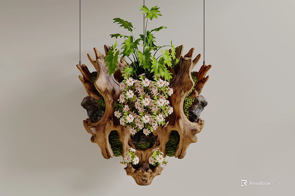 Natural Wooden Hanging Decor with Pink Flowers Green Leaves and Moss 3d model 