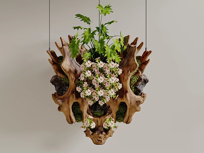 Natural Wooden Hanging Decor with Pink Flowers Green Leaves and Moss 3d model