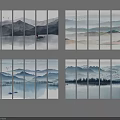 Multi Panel Landscape Paintings With Mountain Ranges Water Reflections Boats Flying Birds And Trees