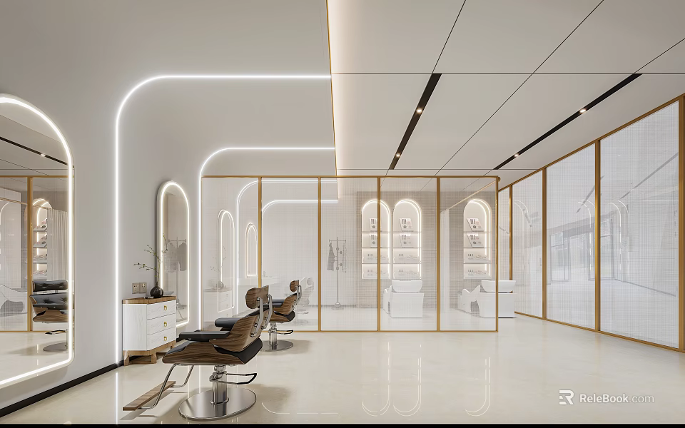Modern Beauty Hair Salon Interior Design With Curved Lighting Mirrors And Styling Chairs 3d model 