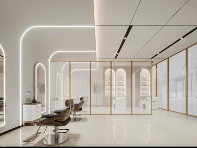 Modern Beauty Hair Salon Interior Design With Curved Lighting Mirrors And Styling Chairs 3d model