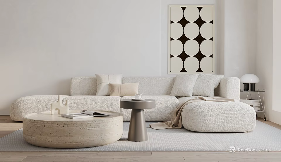 Light Colored Modern Sectional Sofa With Pillows Coffee Table And Wall Art 3d model