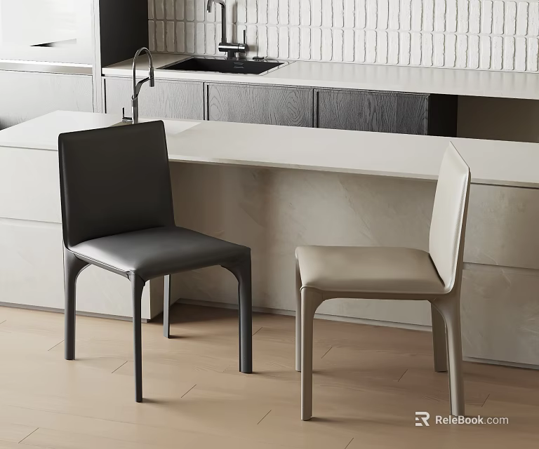 Modern Kitchen Interior With Black And Beige Dining Chairs And White Countertop 3d model 
