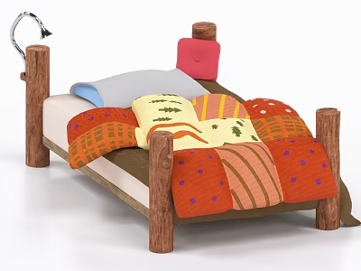 Kids Bed with Wooden Frame Colorful Quilt and Cartoon Patterned Pillows 3d model