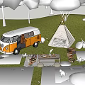 Scenic Camping Spot With Orange Van Teepee Tent And Picnic Table