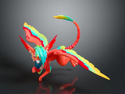 Vibrant Fantasy Creature 3D Render With Red Body Colorful Wings Tail And Green Mane 3d model