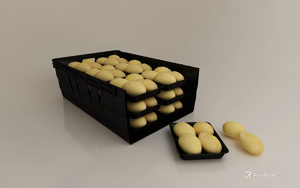 Organized Black Display Shelves With Stackable Trays Holding Fresh Yellow Potatoes 3d model 