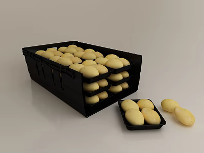 Organized Black Display Shelves With Stackable Trays Holding Fresh Yellow Potatoes 3d model