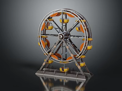 Detailed Miniature Ferris Wheel Model With Metal Frame And Yellow Orange Cabins 3d model