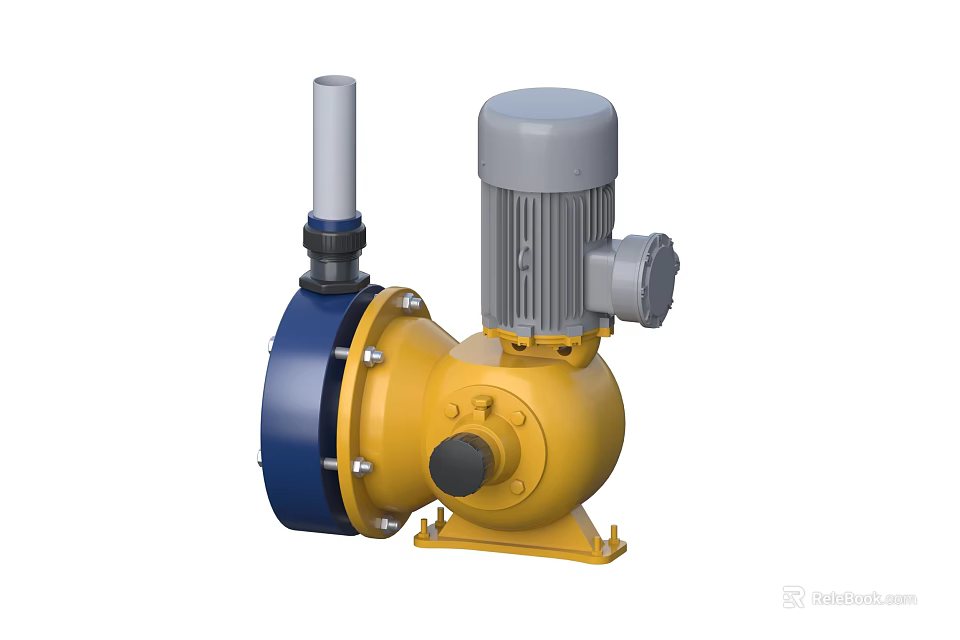 Industrial Pump With Yellow Body Gray Motor And Blue Component Base Stand 3d model 