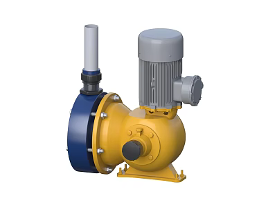 Industrial Pump With Yellow Body Gray Motor And Blue Component Base Stand 3d model