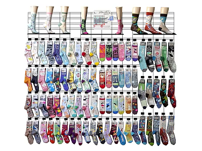 Colorful Patterned Socks Display On Hanging Shelf With Various Designs And Styles 3d model