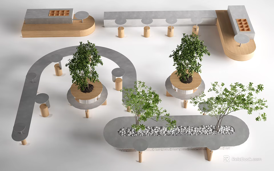 Modern Curved Concrete Wooden Table Chair Set With Potted Plants And Pebbles 3d model 