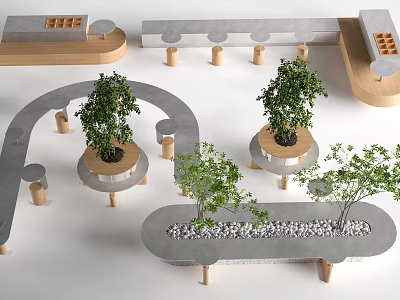 Modern Curved Concrete Wooden Table Chair Set With Potted Plants And Pebbles 3d model
