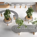 Modern Curved Concrete Wooden Table Chair Set With Potted Plants And Pebbles