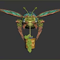 Mechanical Insect With Transparent Wings Green Orange Leaf And Flower Decorative Design