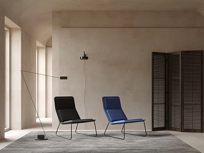 Two Black And Blue Lounge Chairs On Gray Carpet Near Tall Windows And Wooden Shutters 3d model